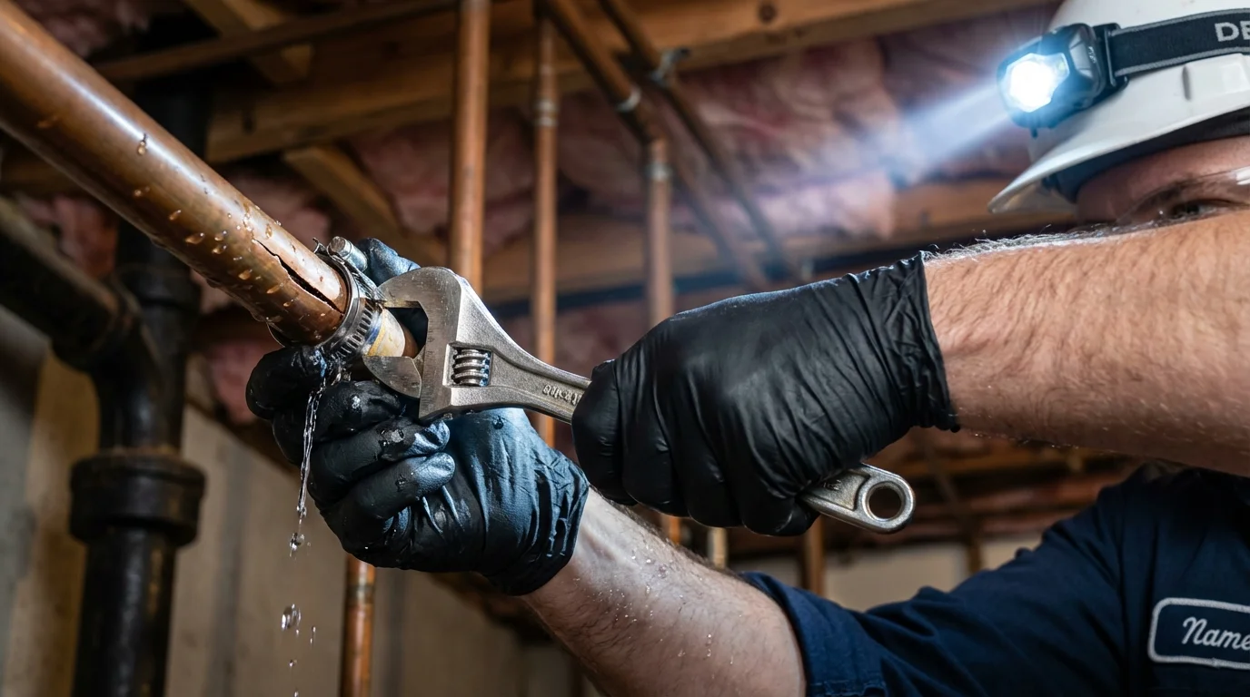 Emergency pipe clamp repair being performed by a Johns Plumbing LLC plumber in Blackwell