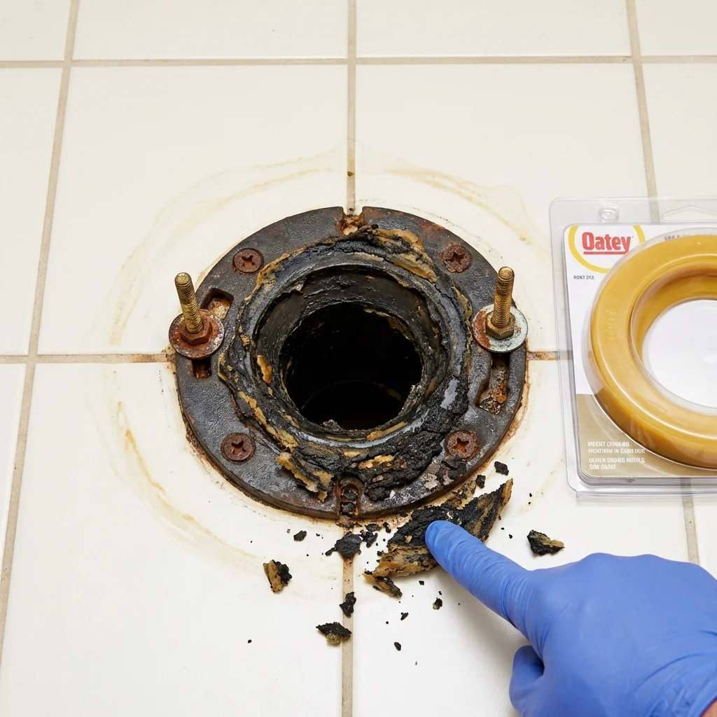 Failed wax ring showing water seepage at the base of a toilet in a Blackwell, OK home
