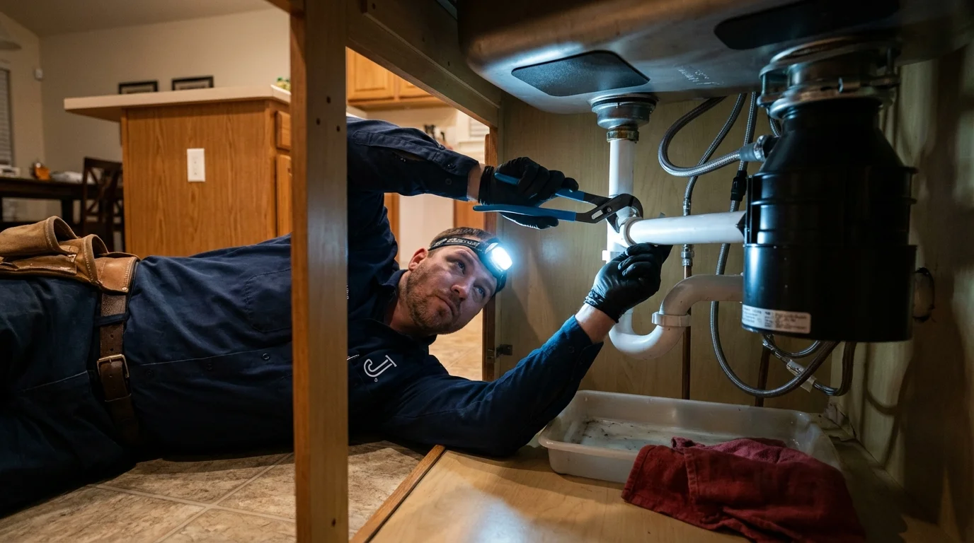 P-trap and supply line connections under a kitchen sink showing a common leak point in Blackwell, OK